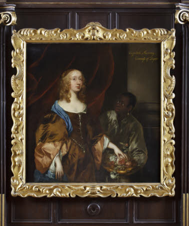 ELIZABETH MURRAY, LADY TOLLEMACHE, LATER COUNTESS OF DYSART AND DUCHESS OF LAUDERDALE WITH A BLACK SERVANT by Sir Peter Lely (1618-80), c.1651, painting in the Long Gallery at Ham House, Surrey.