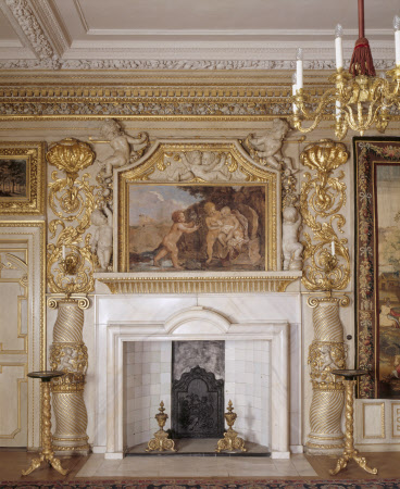 A close-up of the marble chimneypiece and overmantel in the North Drawing Room at Ham House, Richmond-upon-Thames, Surrey