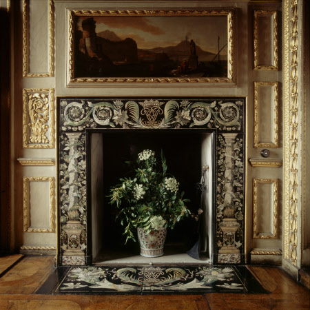 Detail of scagliola fireplace in the Queen's Closet at Ham House, Richmond-upon-Thames, Surrey
