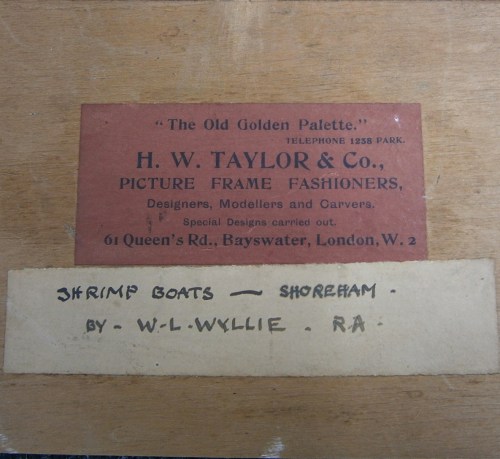 H W Taylor label on backboard of W L Wyllie sm