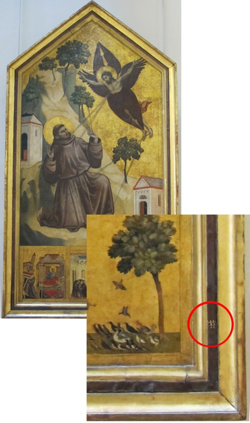 Giotto di Bondone The stigmatization of St Francis with the stemma of the Cinquini family 1297-99 from San Francesco Pisa now Louvre with detail