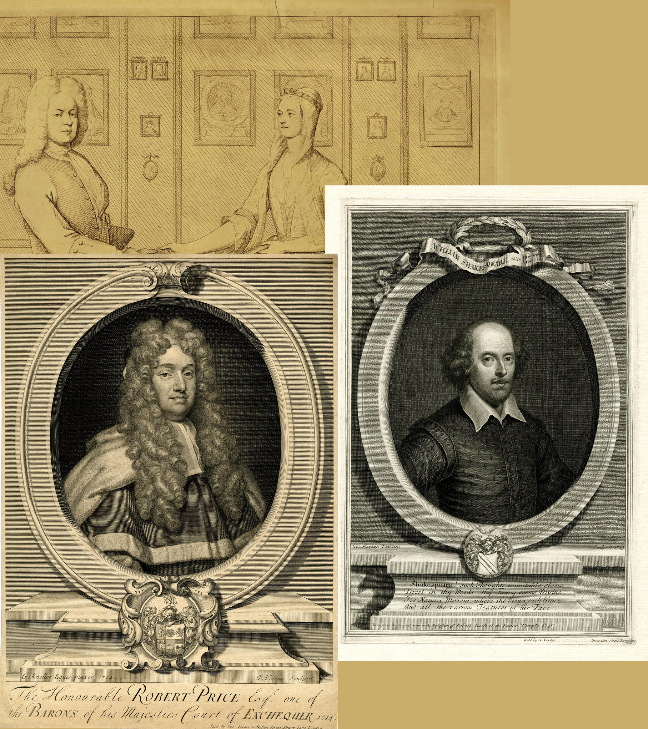 17 Wm Humphrey after George Vertue GV & Margaret his Wife plus prints of Price by Kneller & Shakespeare BM