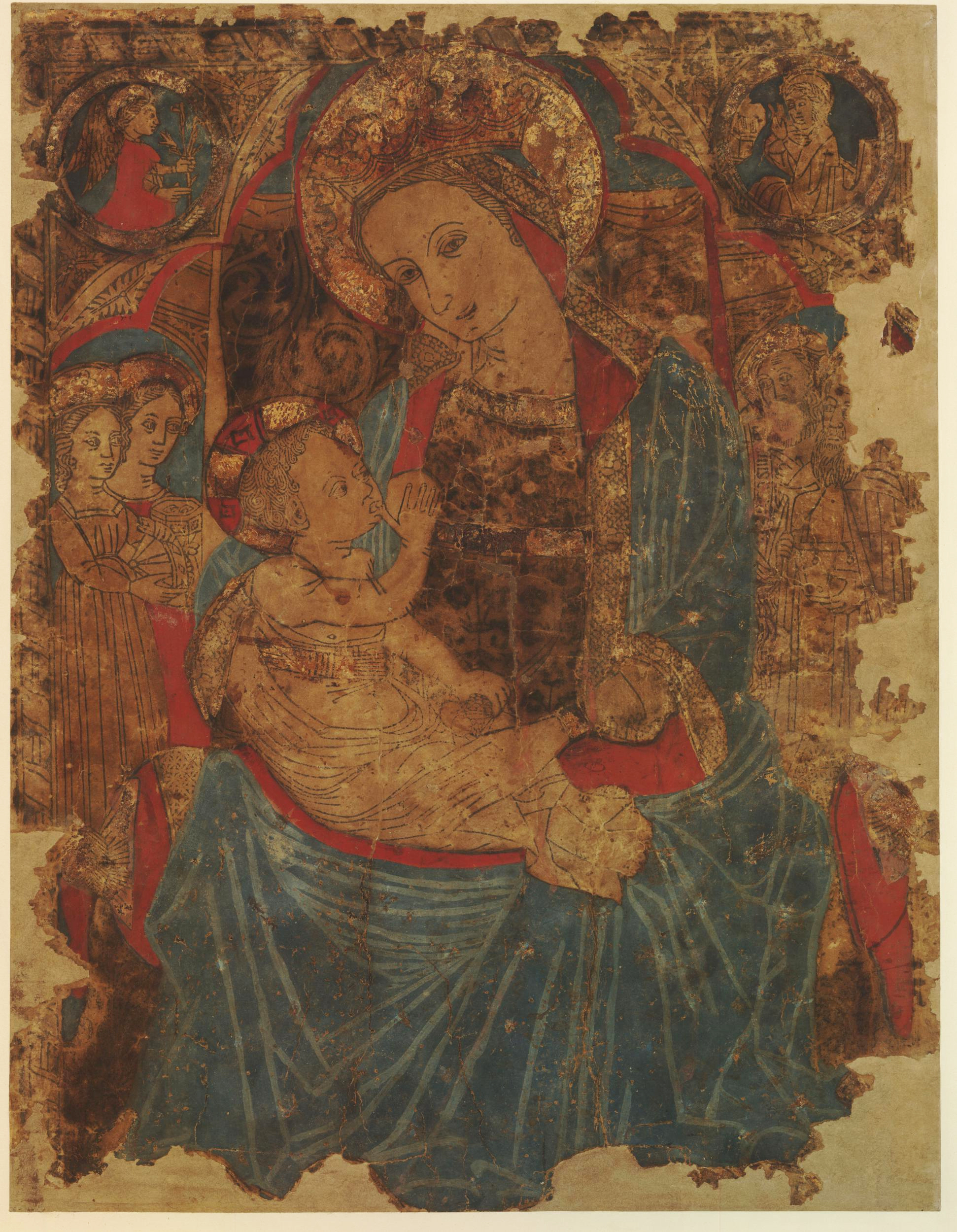 2 Italian School Virgin enthroned suckling her Child c1450 hand coloured woodcute BM