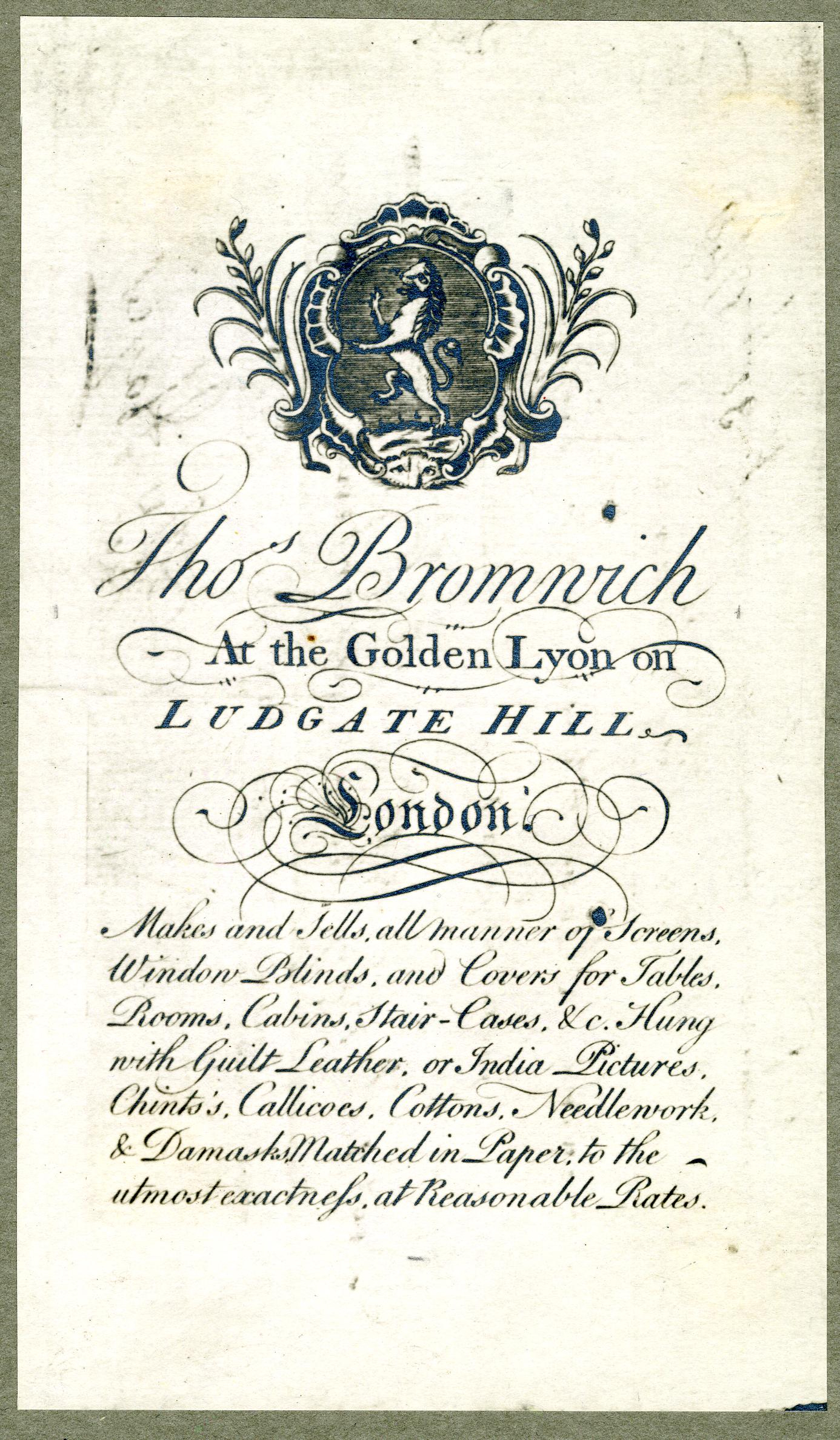 38 Trade card of Thomas Bromwich c1748 BM
