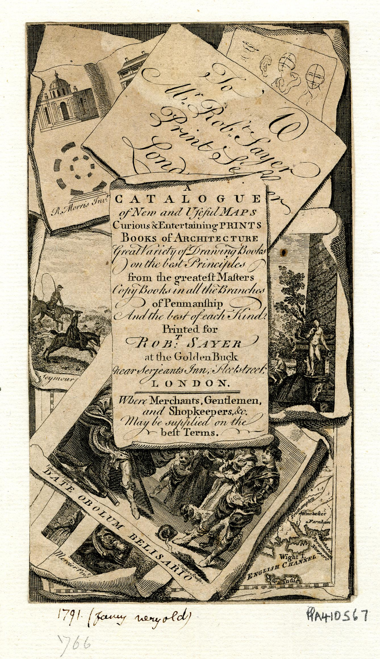 40 Robert Sayer Frontispiece for 'A Catalogue of News and Useful Maps Curious and Entertaining Prints c1766 BM