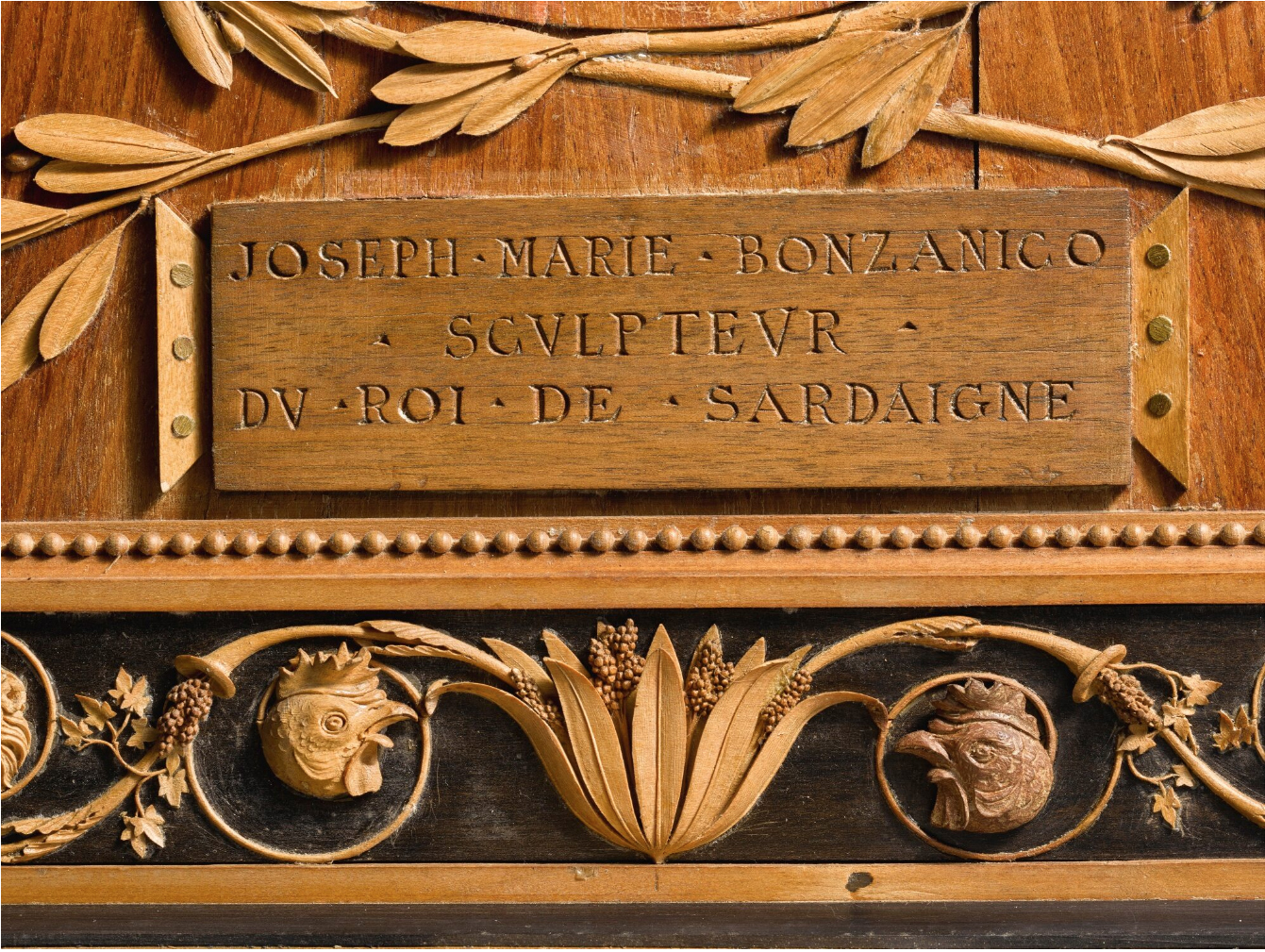 9 Bonzanigo Self portrait Detail of bottom rail with cockerels