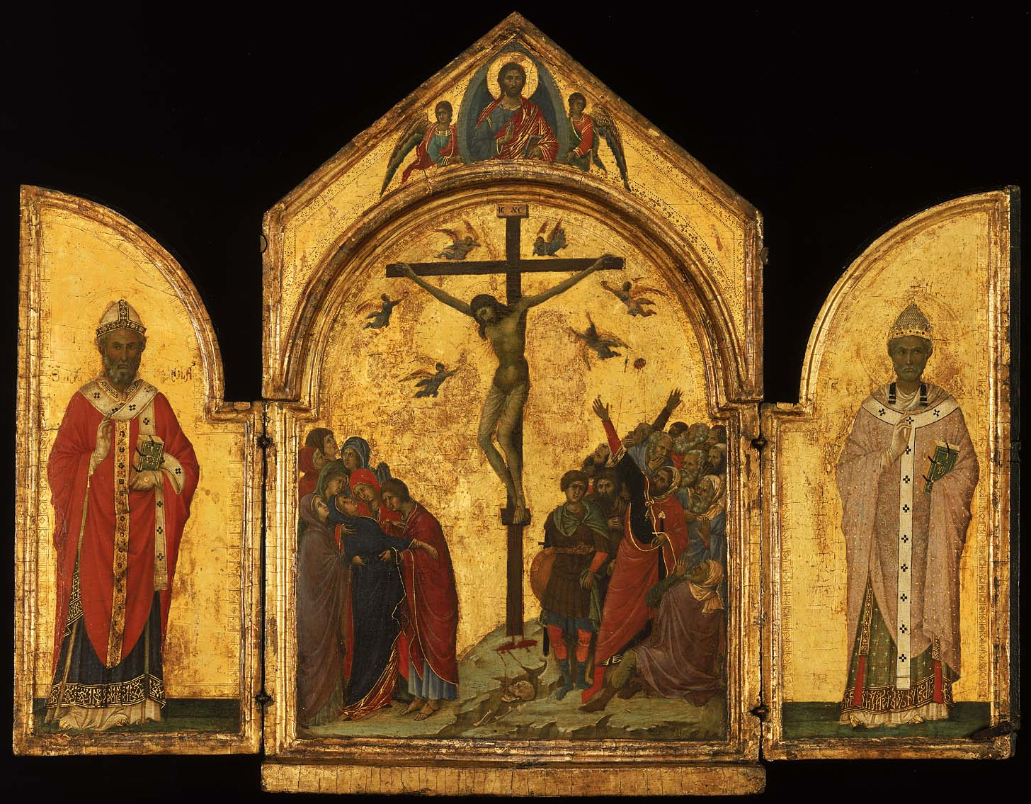 8 Duccio Crucifixion with SS Nicholas &amp; Gregory 1311to18 24in h Boston MFA