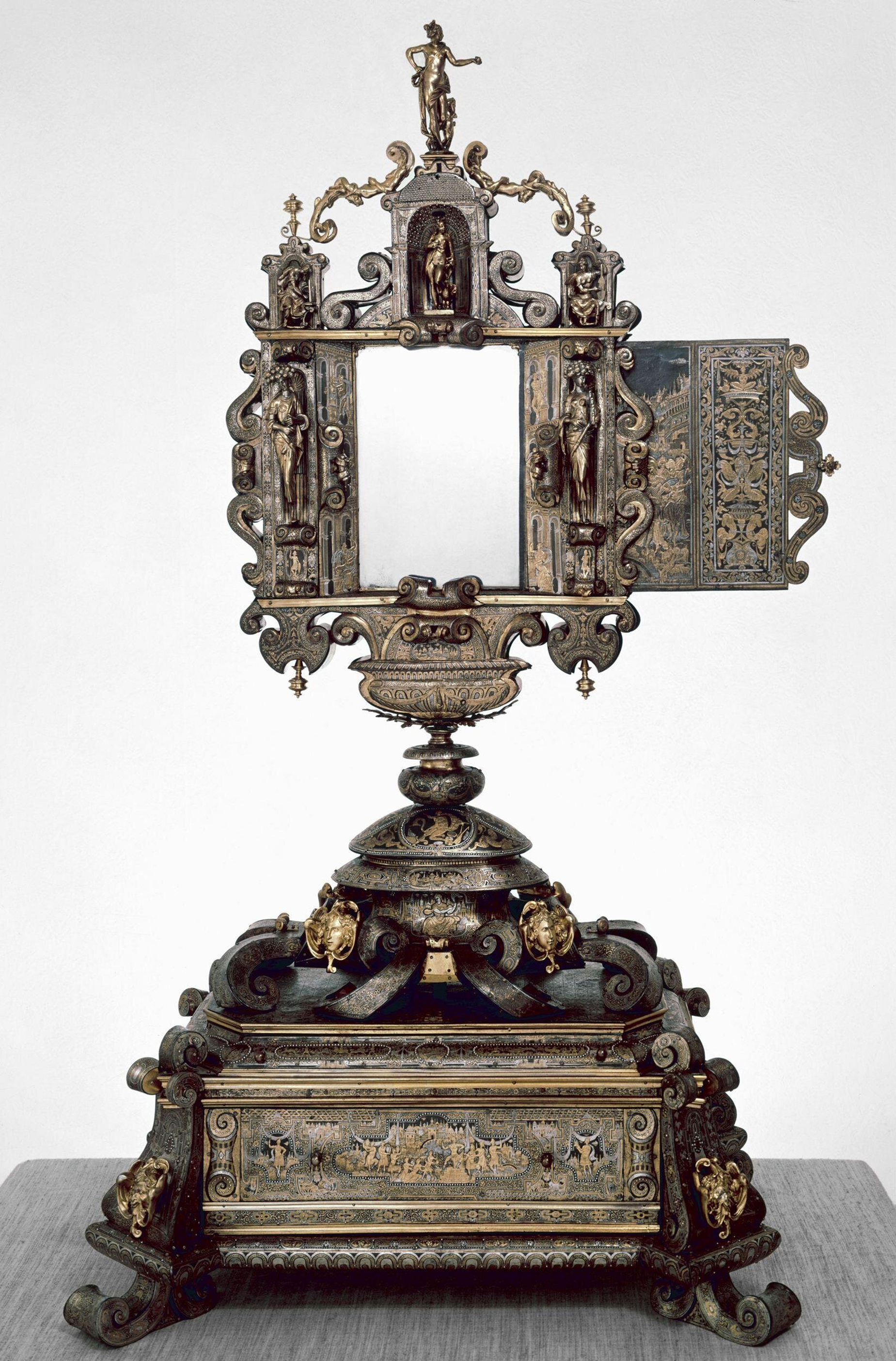 16A Milanese looking glass c1550 iron damascened w gold &amp; silver 117cm high V &amp; A