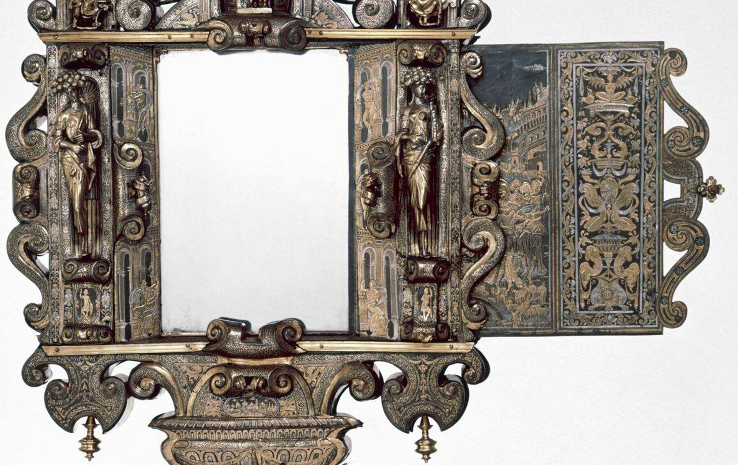 16B Milanese looking glass c1550 iron damascened w gold &amp; silver 117cm high V &amp; A detail