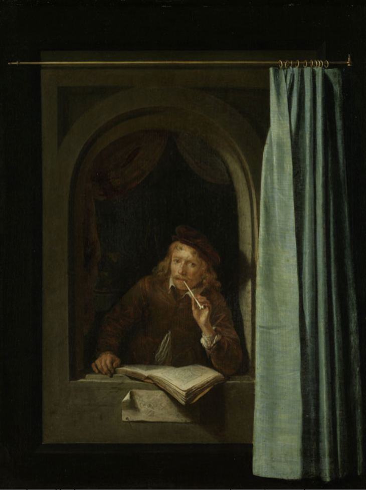 41 Gerrit Dou Painter with pipe &amp; book 1645to50 panel 4 x37cm Rijksmuseum