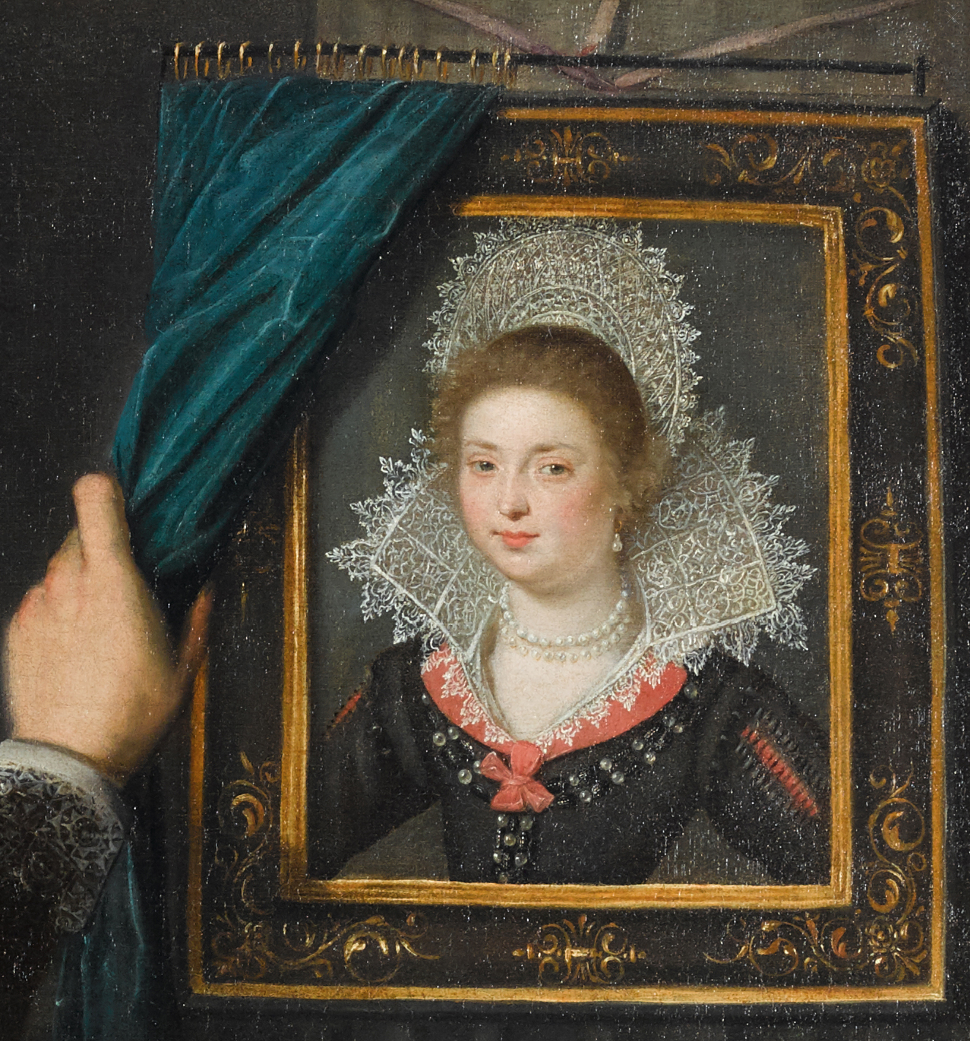 45B ItaloFlemish School Portrait of gentleman beside a framed portrait of a lady o c 104x91.1cm Sothebys 8Apr2020 Lot 9 Detail of integral portrait